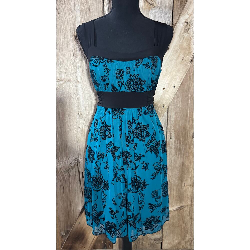 Vintage 90s Speechless Sleeveless Empire Waist Dress Size L Black & Turquoise
